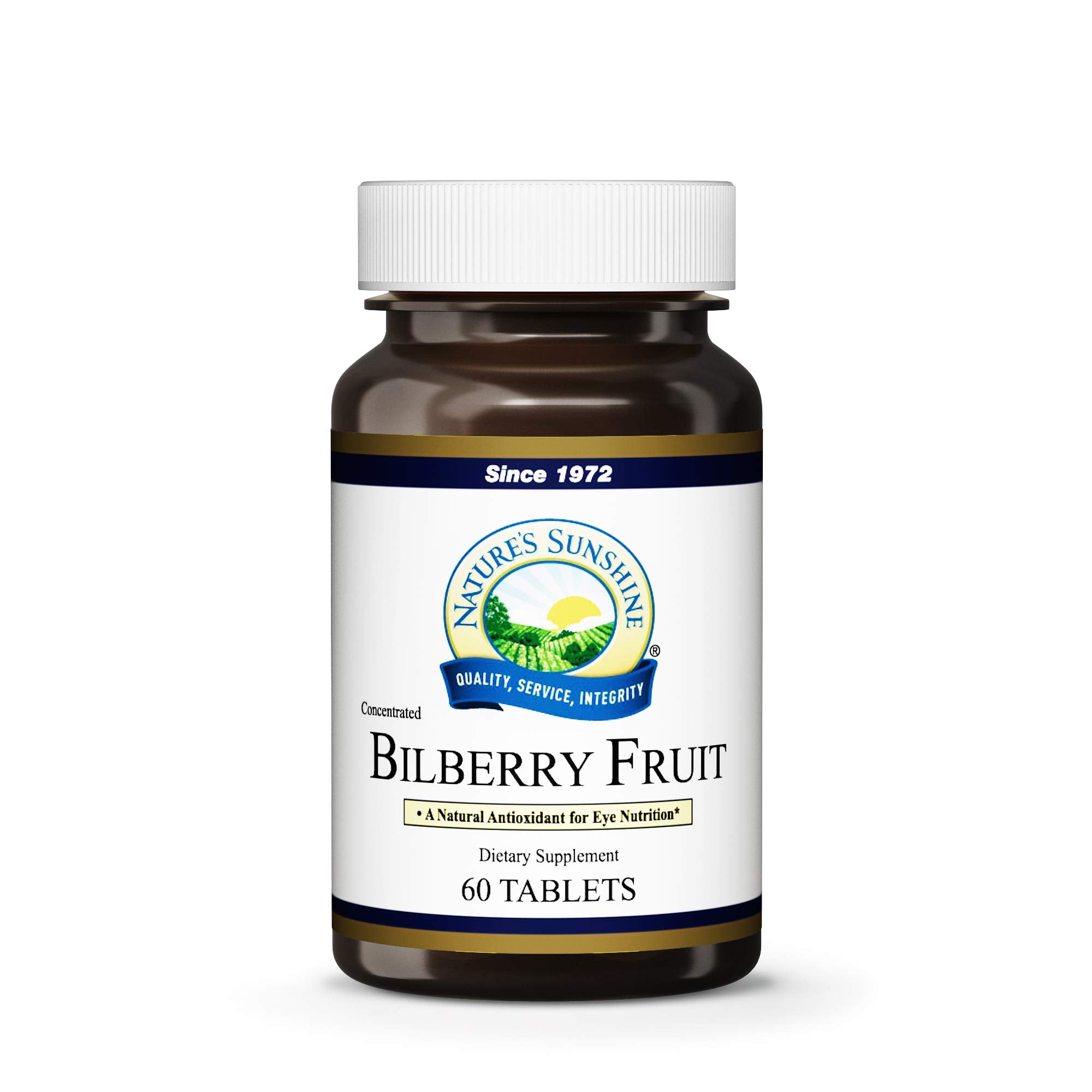 Xllent Nature's Sunshine Bilberry tablets bottle with label, highlighting antioxidant bilberry concentrate