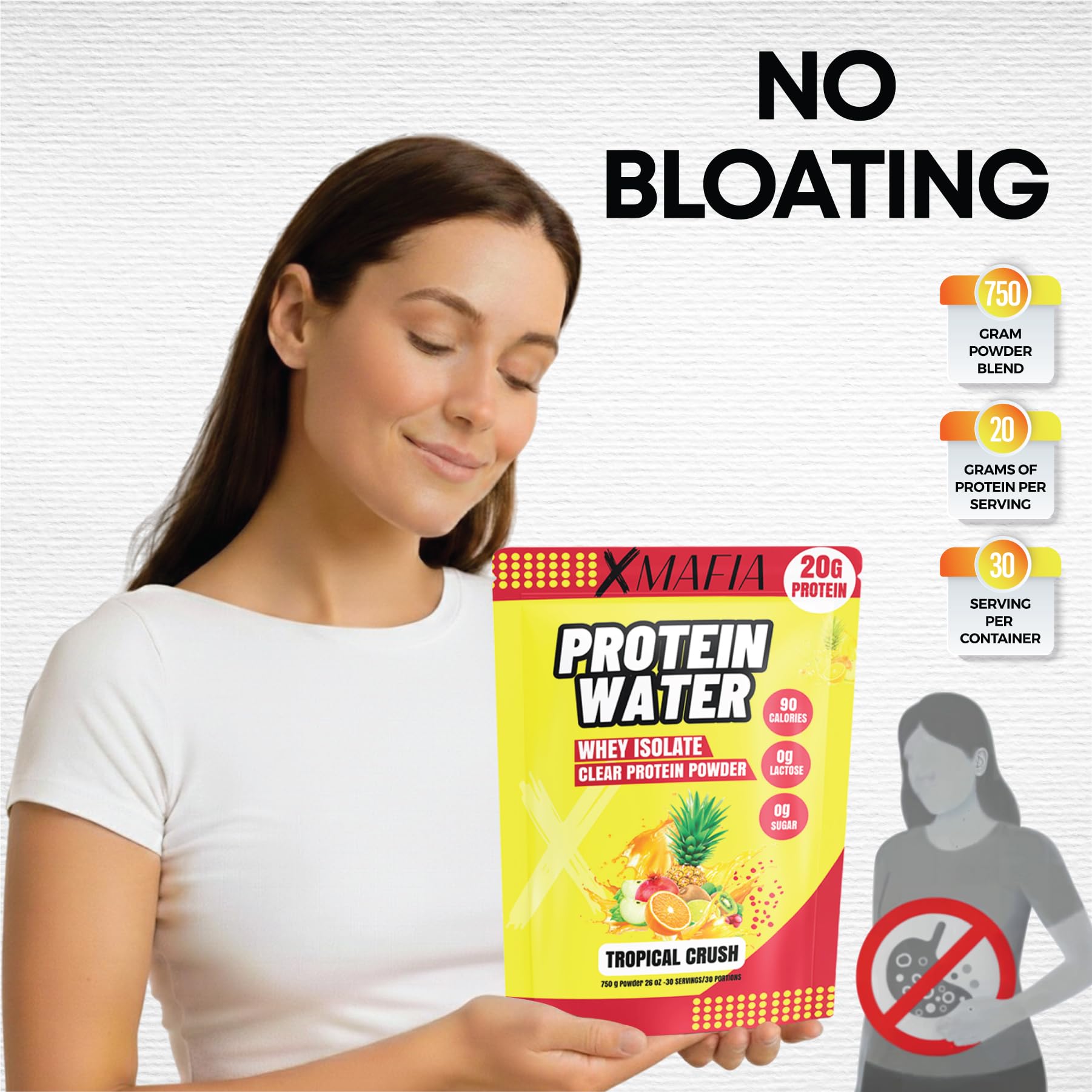 XMafia Protein Water on a store shelf signaling convenient 30-serving bottle