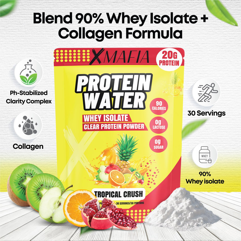 XMafia Protein Water Tropical Crush in a glass showing a clear, refreshing texture