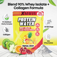 XMafia Protein Water Tropical Crush in a glass showing a clear, refreshing texture