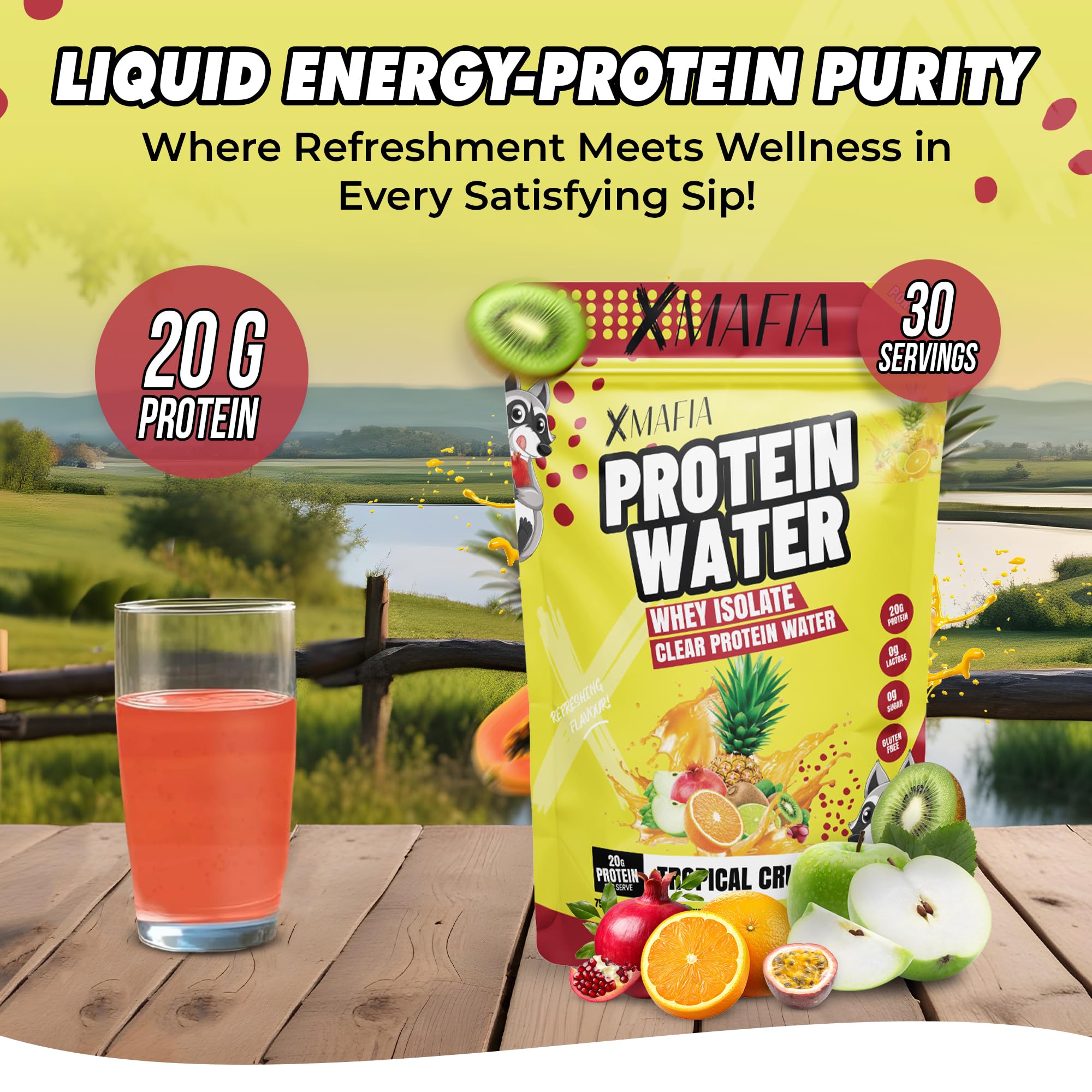 Close-up of XMafia Protein Water Tropical Crush label highlighting zero sugar and lactose-free formula