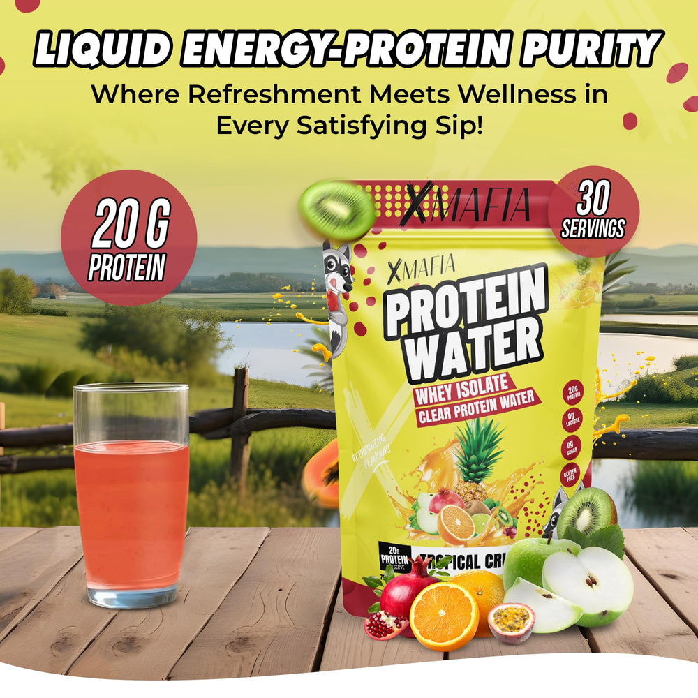 Close-up of XMafia Protein Water Tropical Crush label highlighting zero sugar and lactose-free formula