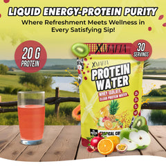 Close-up of XMafia Protein Water Tropical Crush label highlighting zero sugar and lactose-free formula