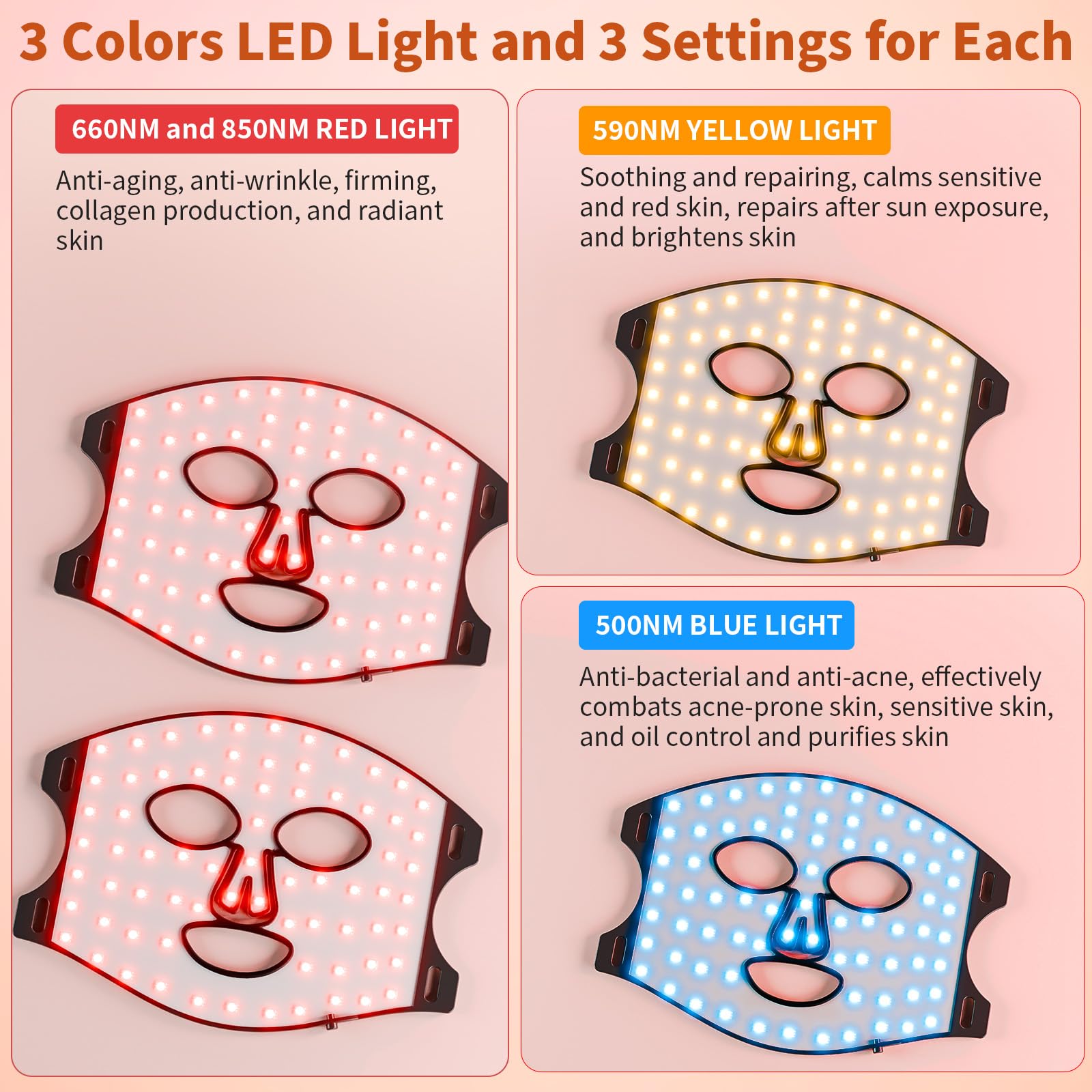XMZXMZ red light mask uses 850nm and 660nm wavelengths for consistent skin tone.