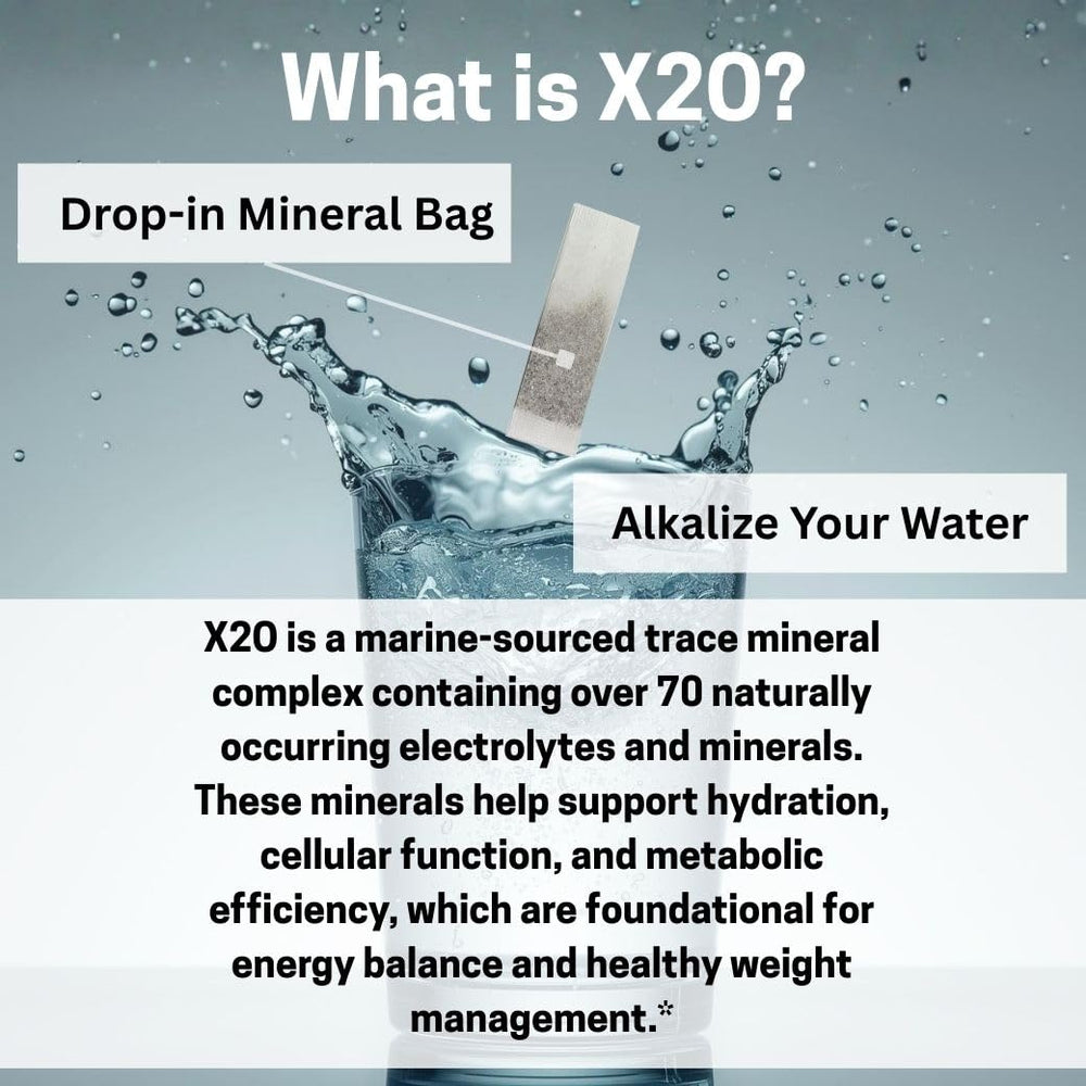 Xooma X2O minerals in a glass of water for balanced hydration