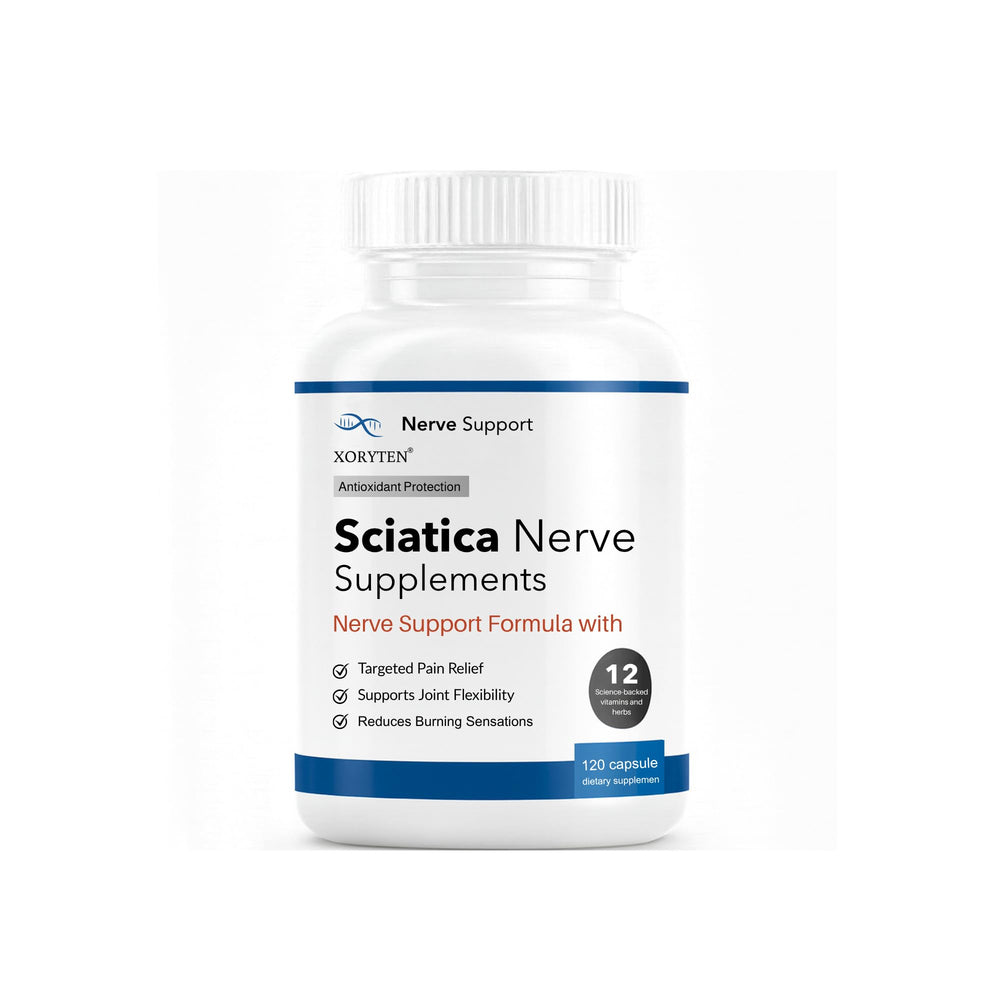 XORYTEN Sciatica Relief bottle with capsules may support nerve comfort during daily movement.