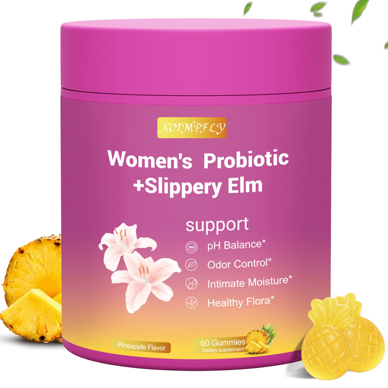 XOTMPFLY bottle front with pineapple gummies for daily support