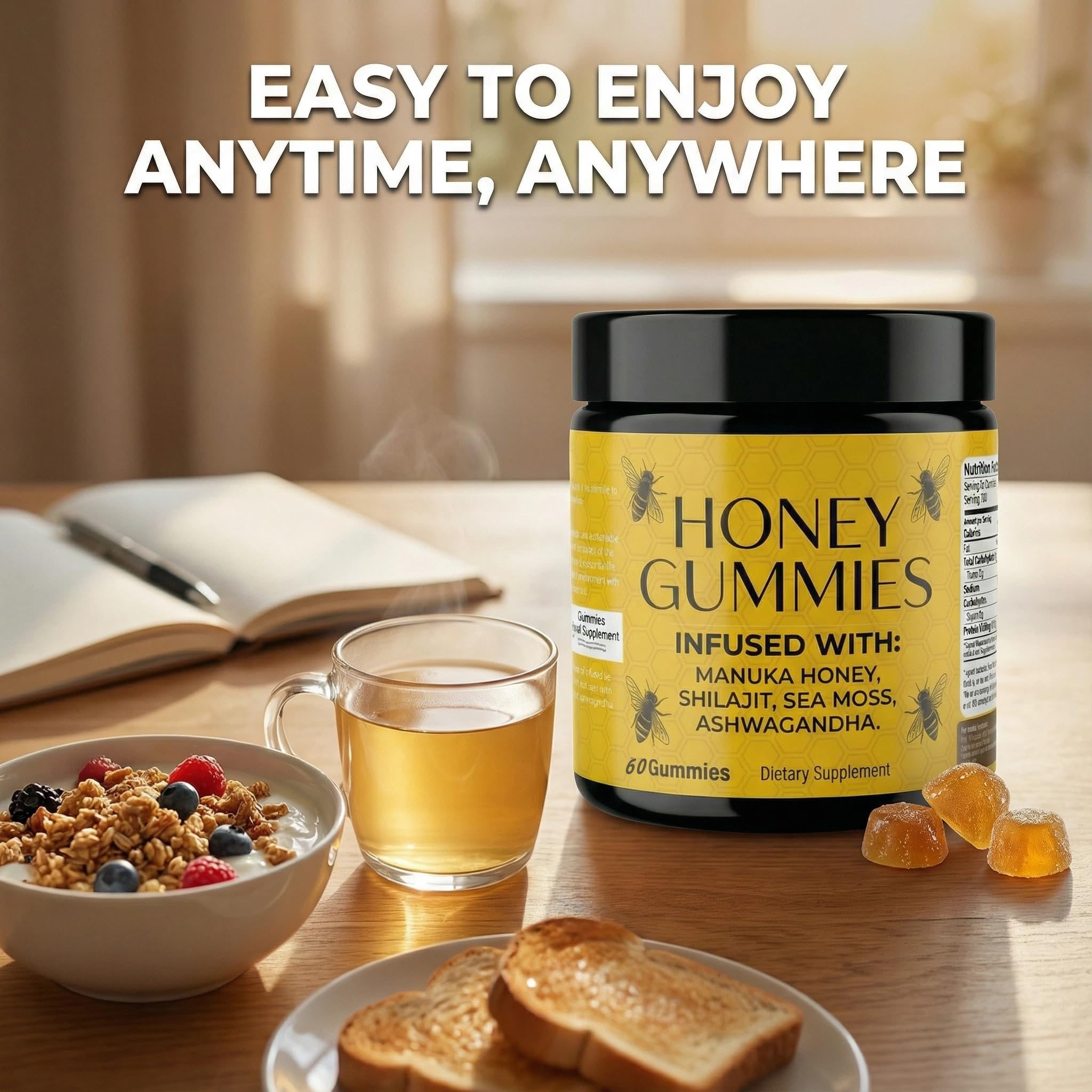 XPDGVS Honey Gummies bottle on desk, travel-friendly daily supplement.