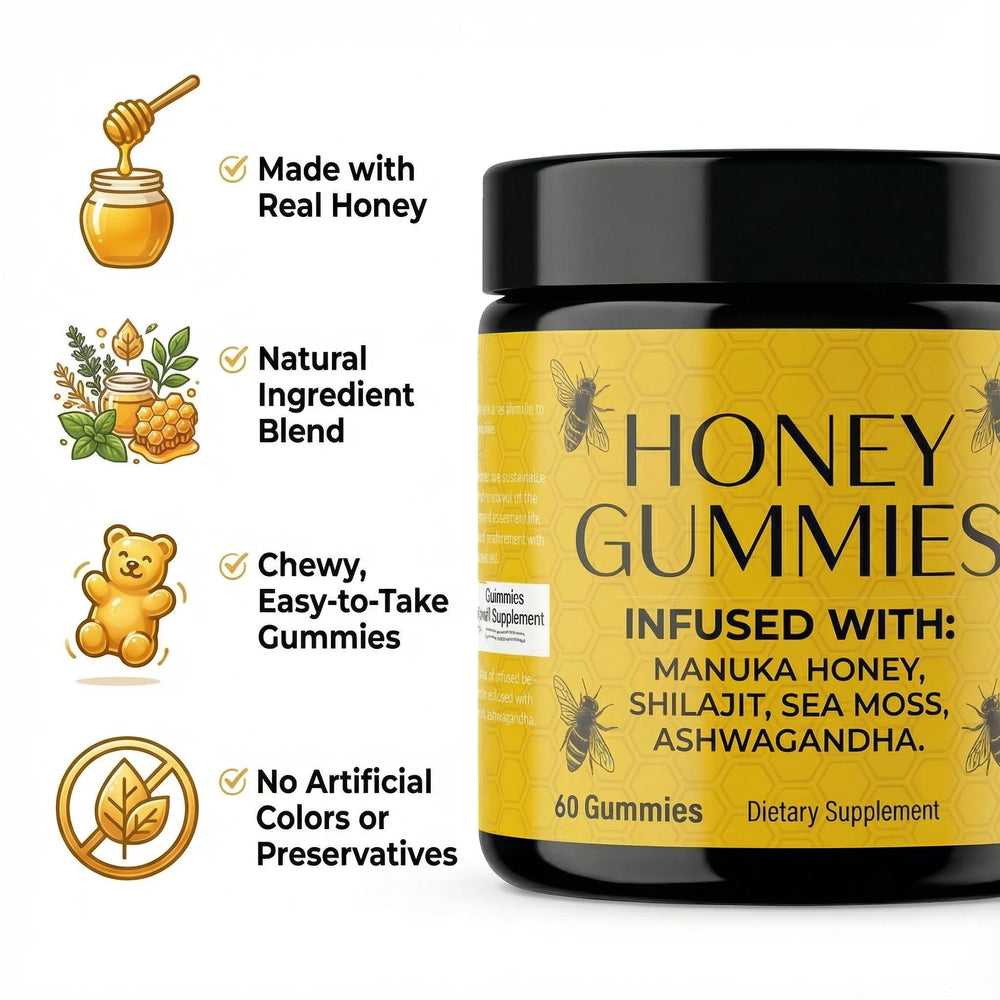 XPDGVS Honey Gummies ingredients panel with sea moss and shilajit.