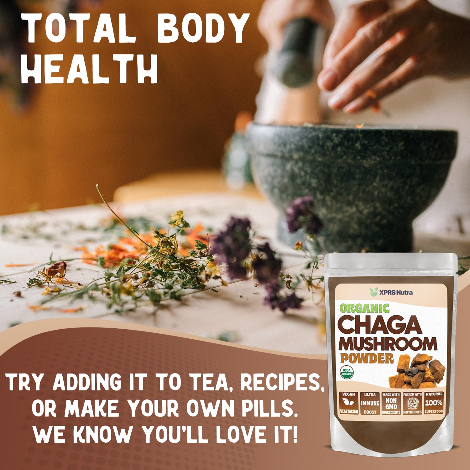 XPRS Nutra Chaga powder in tea promotes a comforting, antioxidant-rich ritual.