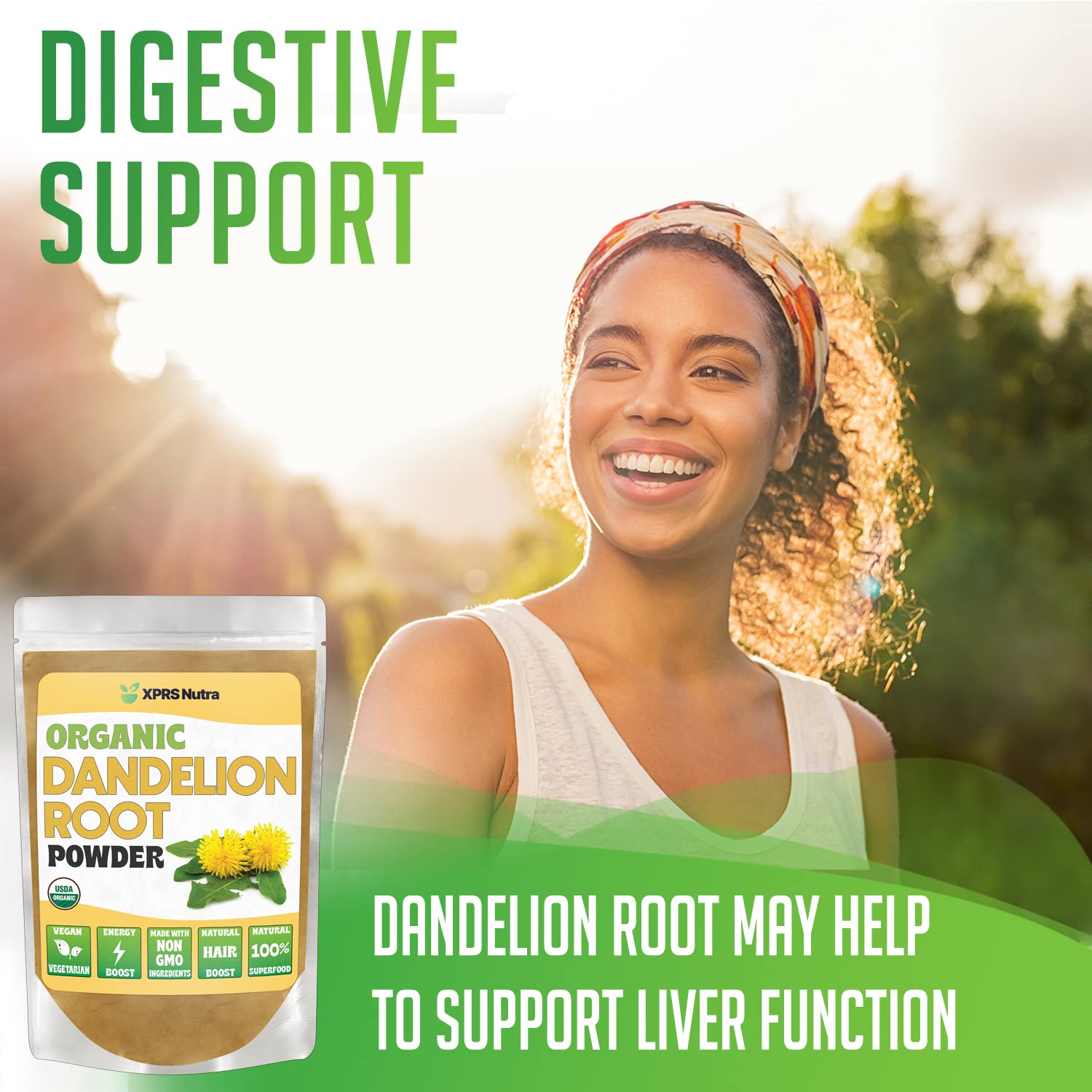 XPRS Nutra dandelion root powder stirred into tea for a soothing beverage ritual.