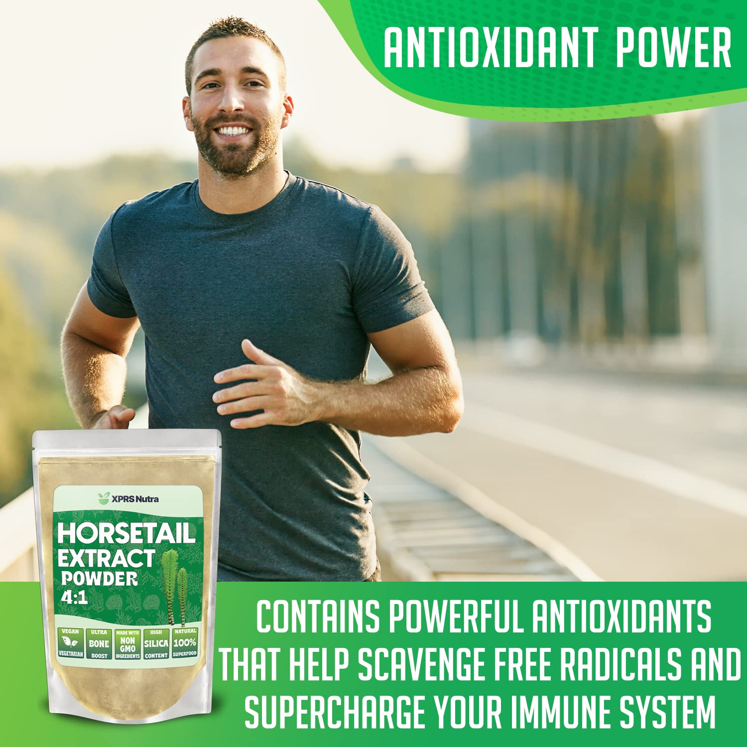 XPRS Nutra Horsetail Extract Powder bag packaging, convenient for bulk supplementation.