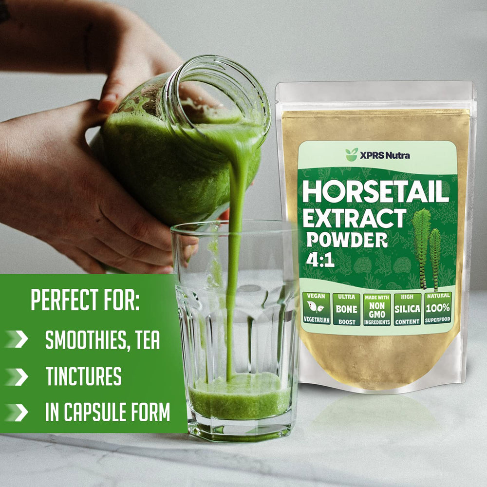 XPRS Nutra Horsetail Extract Powder dissolving in liquid, ready to boost daily routines.