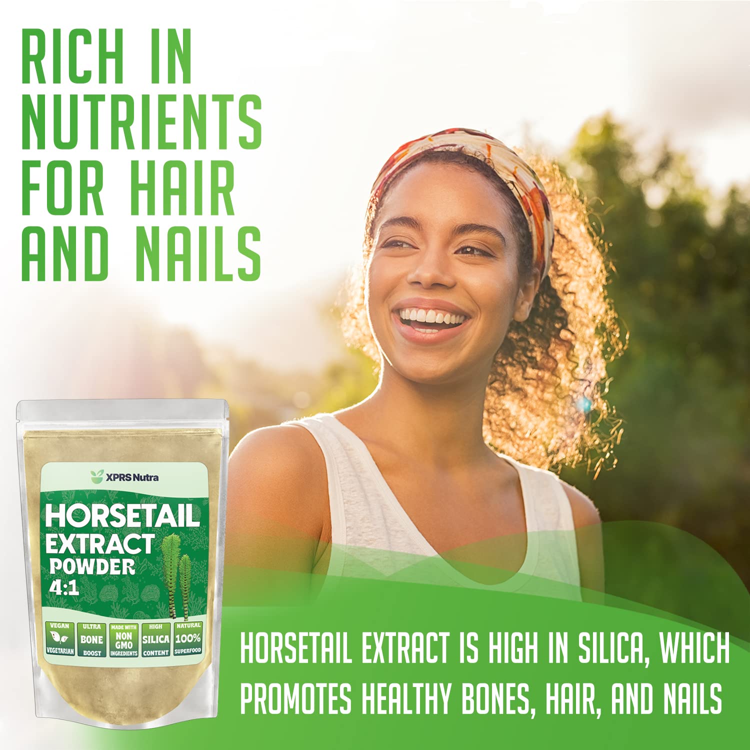 XPRS Nutra horsetail extract powder packaging on shelf