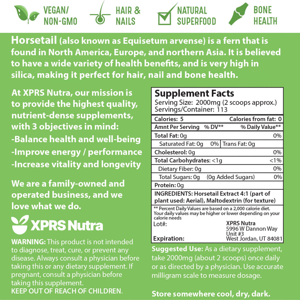 XPRS Nutra vegetarian horsetail powder on clear label