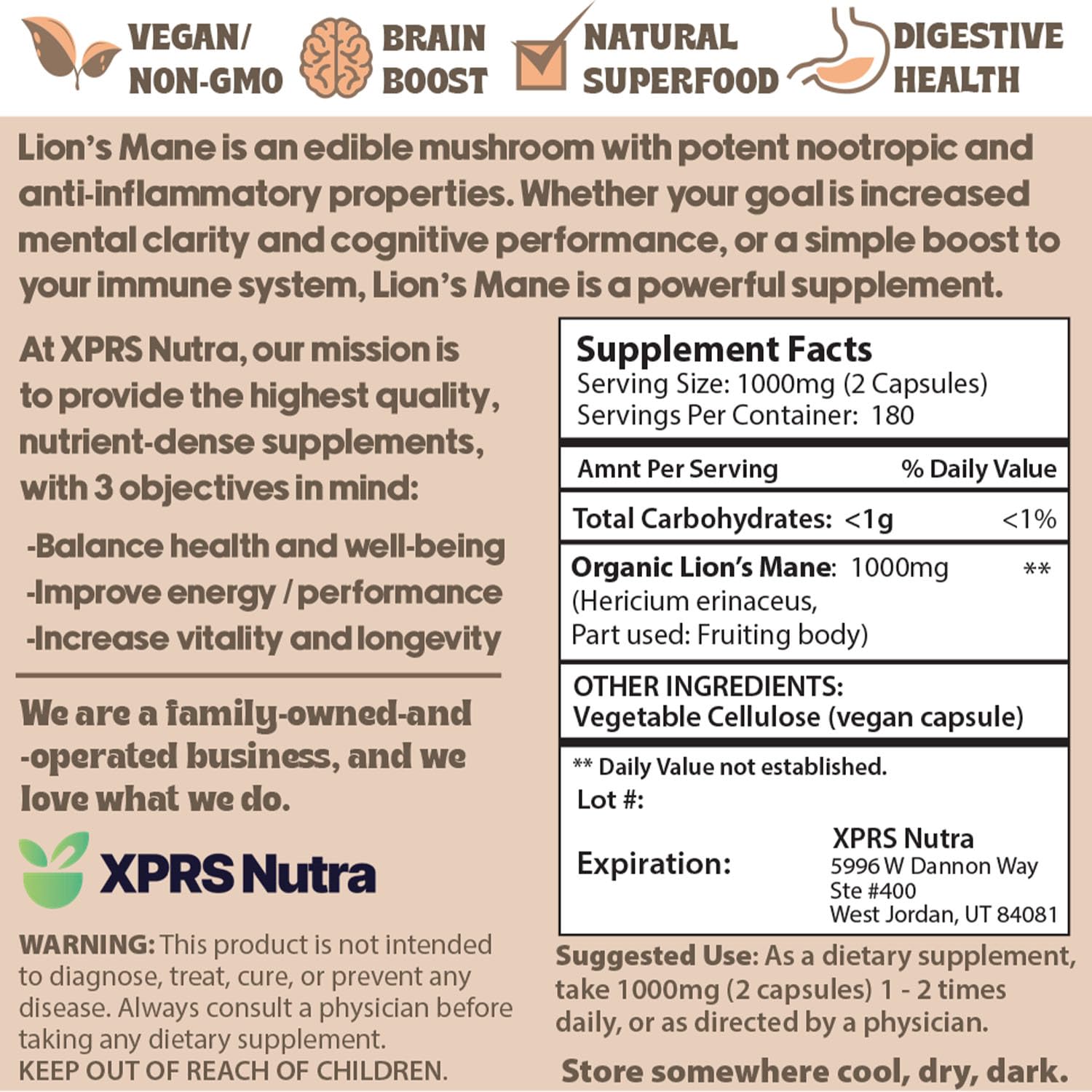 360-count XPRS Nutra Lions Mane pack for long-term routine