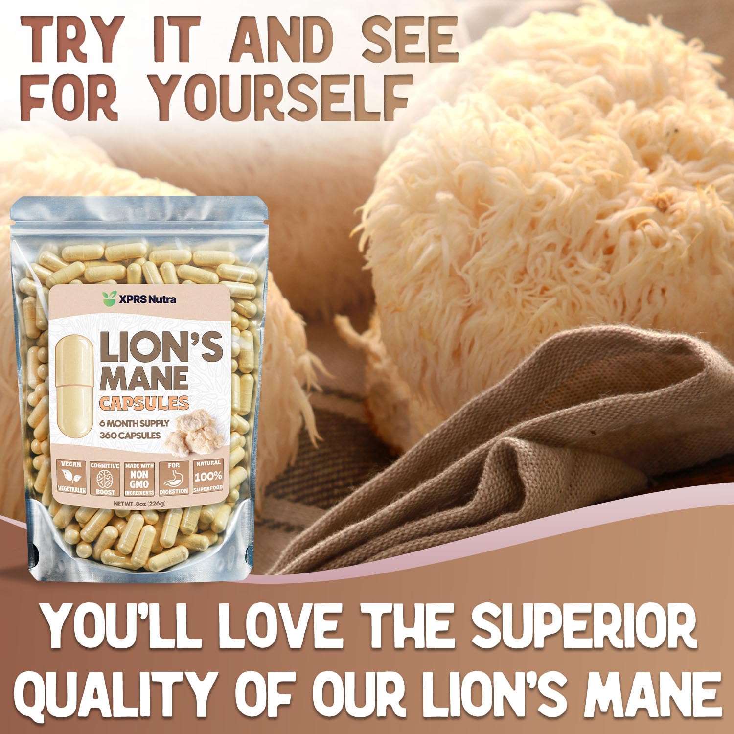 Open bottle of XPRS Nutra Lions Mane highlighting easy access