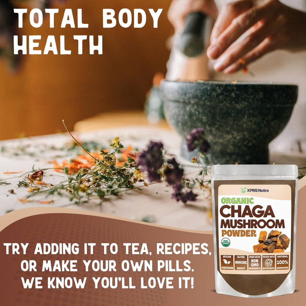 XPRS Nutra Chaga powder dissolving in a cup, ideal for tea or coffee rituals.
