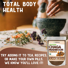 XPRS Nutra Chaga powder dissolving in a cup, ideal for tea or coffee rituals.