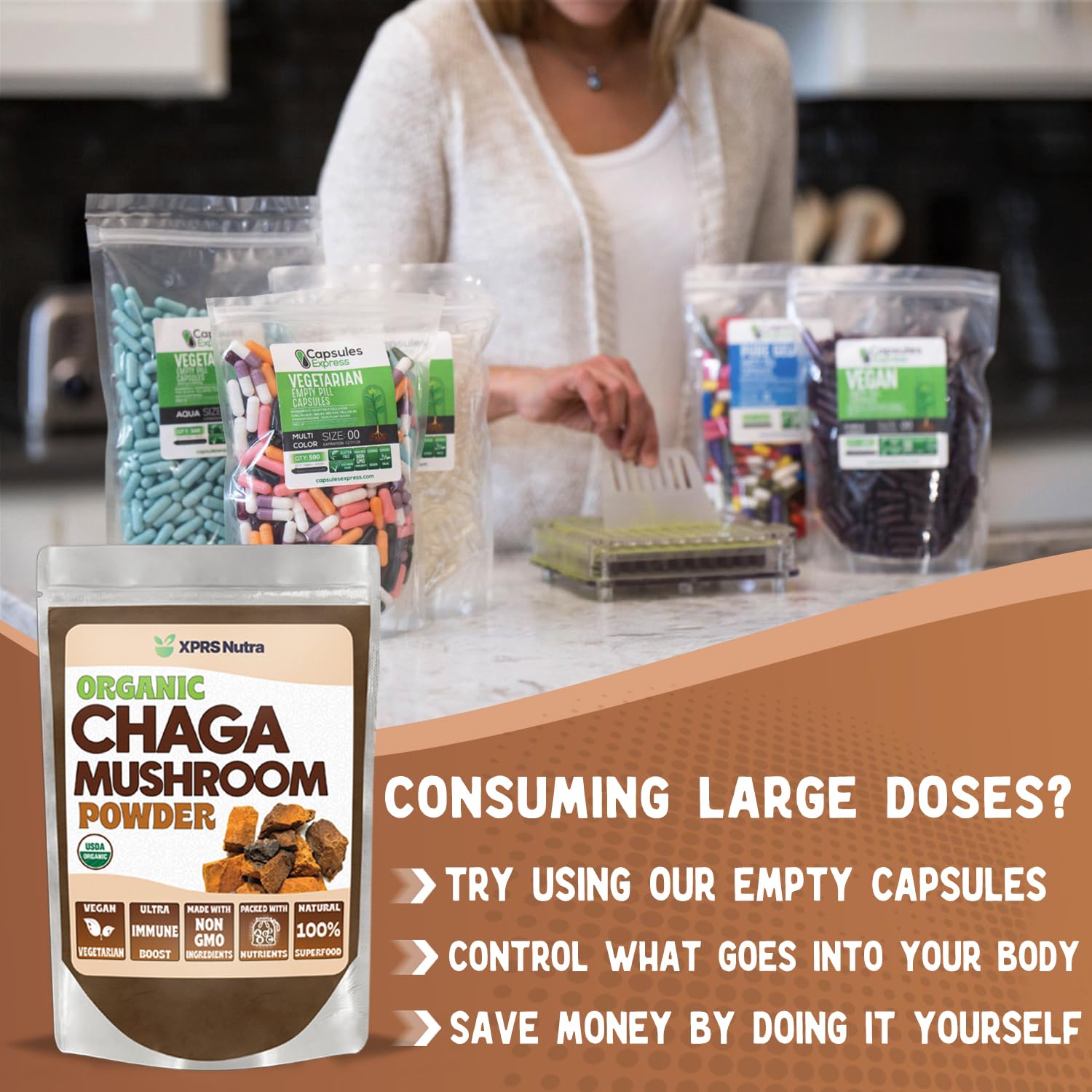 XPRS Nutra Organic Chaga powder packaging, convenient 8 oz size for home use.