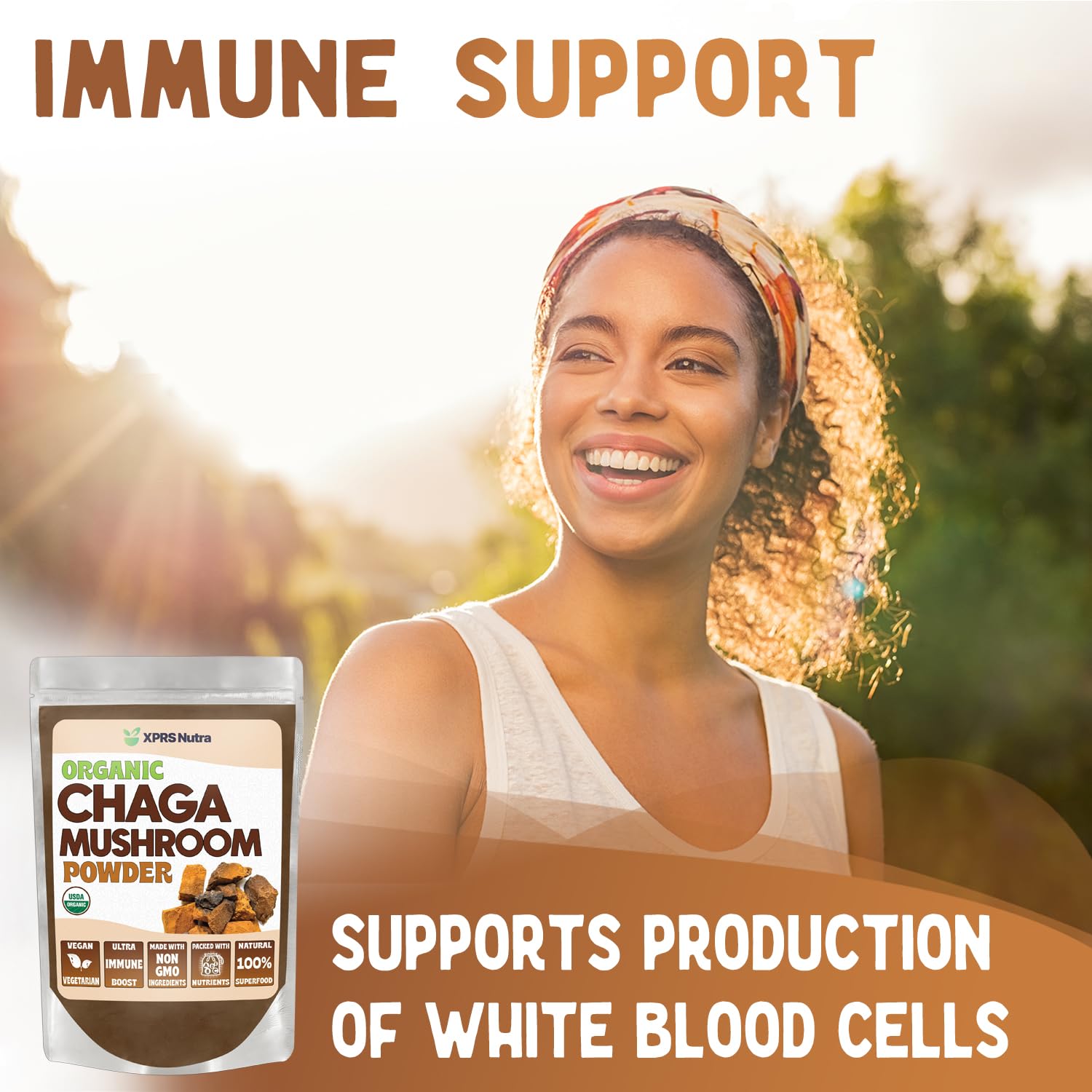XPRS Nutra Chaga powder with scoop for precise portions in smoothies.