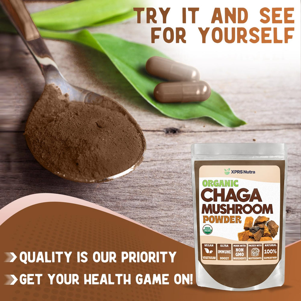 XPRS Nutra Chaga powder on a shelf, ready for bulk chaga brewing and recipes.