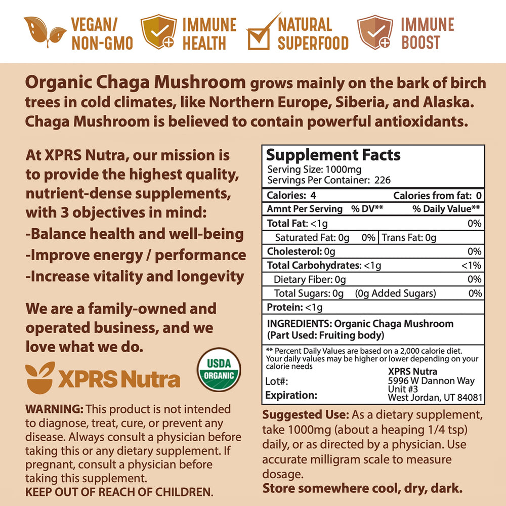 XPRS Nutra Chaga powder in a blender, perfect for smoothie enhancements.