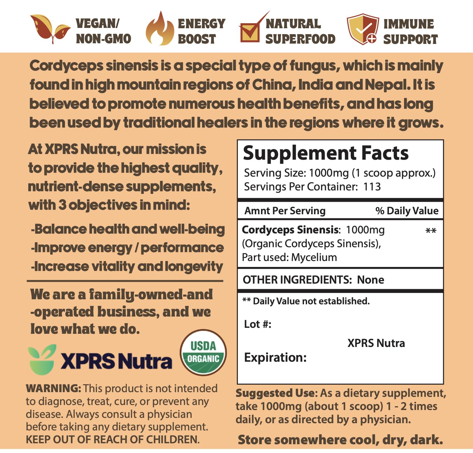 XPRS Nutra Organic Cordyceps powder pour enables easy mixing for focus and stamina.