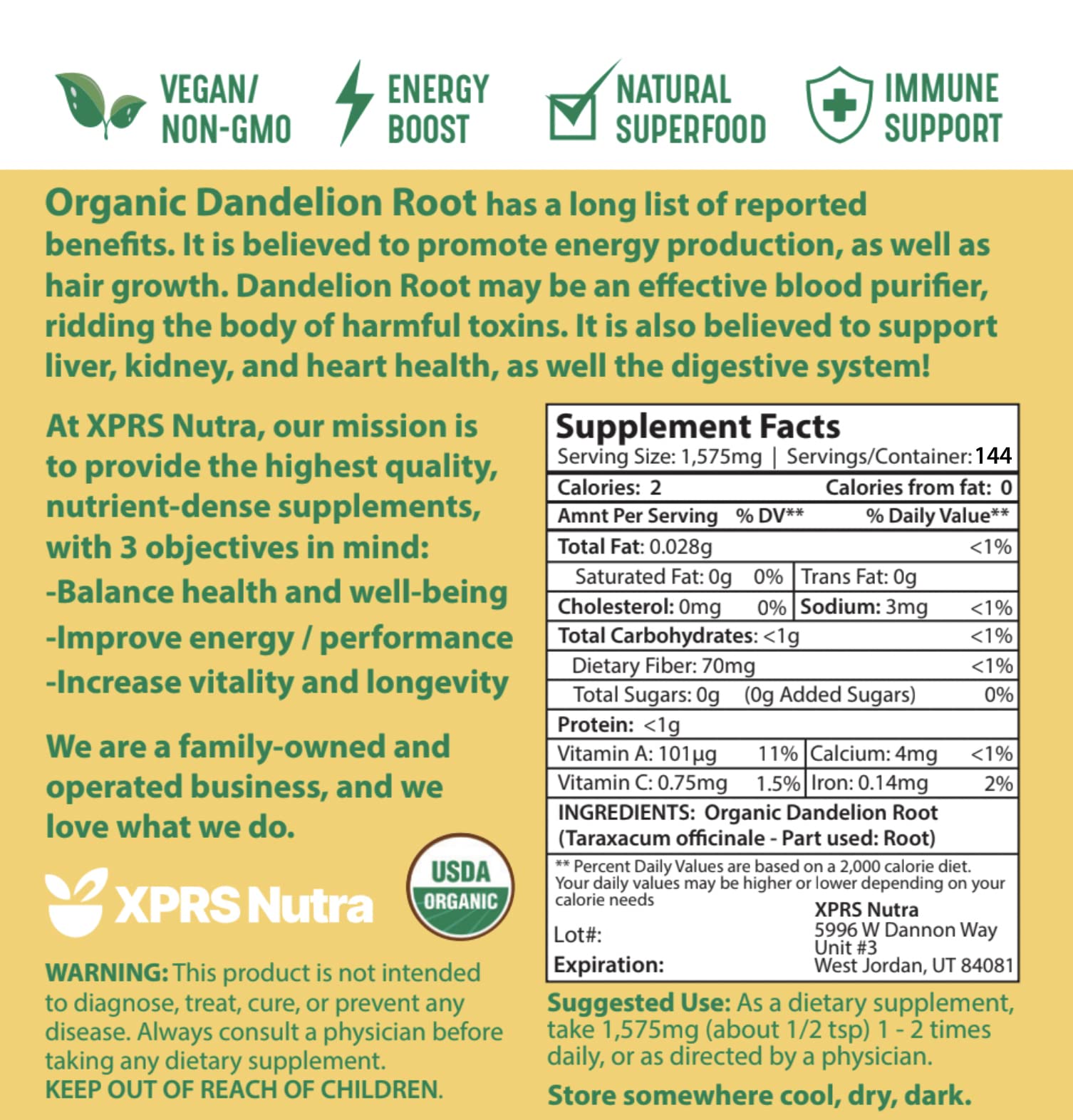 XPRS Nutra Organic Dandelion Root Powder on a kitchen counter ready for daily meals.