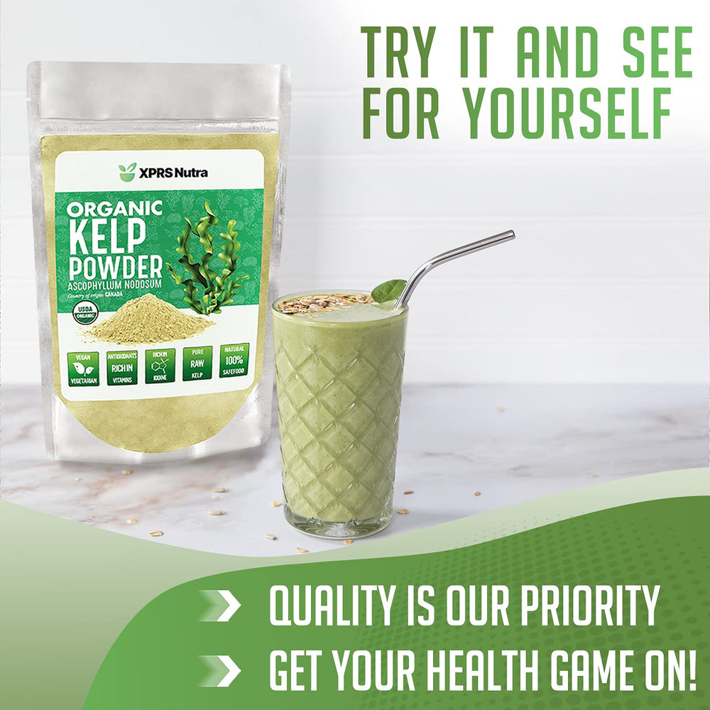 XPRS Nutra organic kelp powder label closeup shows purity.