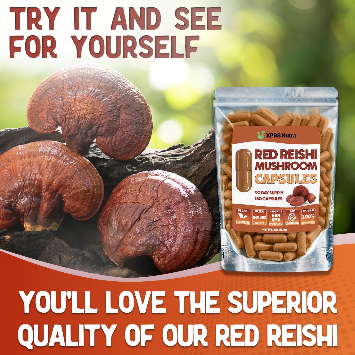 XPRS Nutra Reishi capsules in hand show portability.