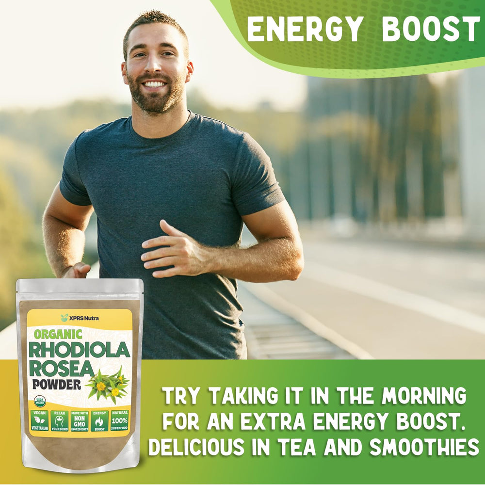 XPRS Nutra Rhodiola Rosea Powder in a shaker for smoothies conveys versatility.