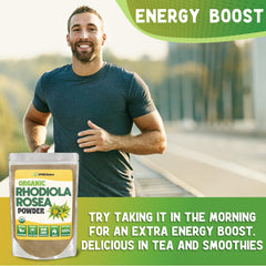 XPRS Nutra Rhodiola Rosea Powder in a shaker for smoothies conveys versatility.