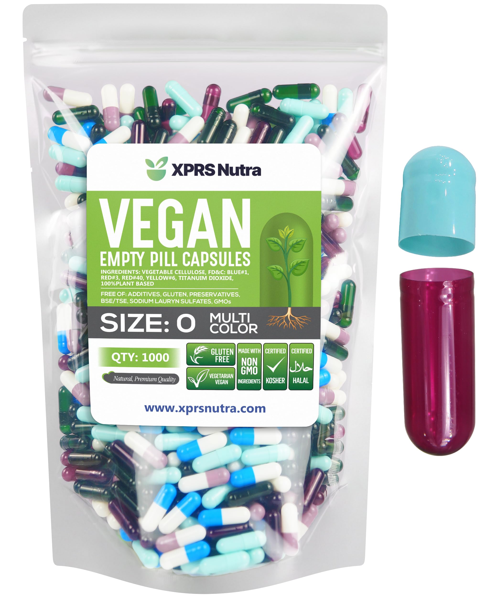 XPRS Nutra Size 0 empty capsules in multi-color veggie shells ready for DIY filling