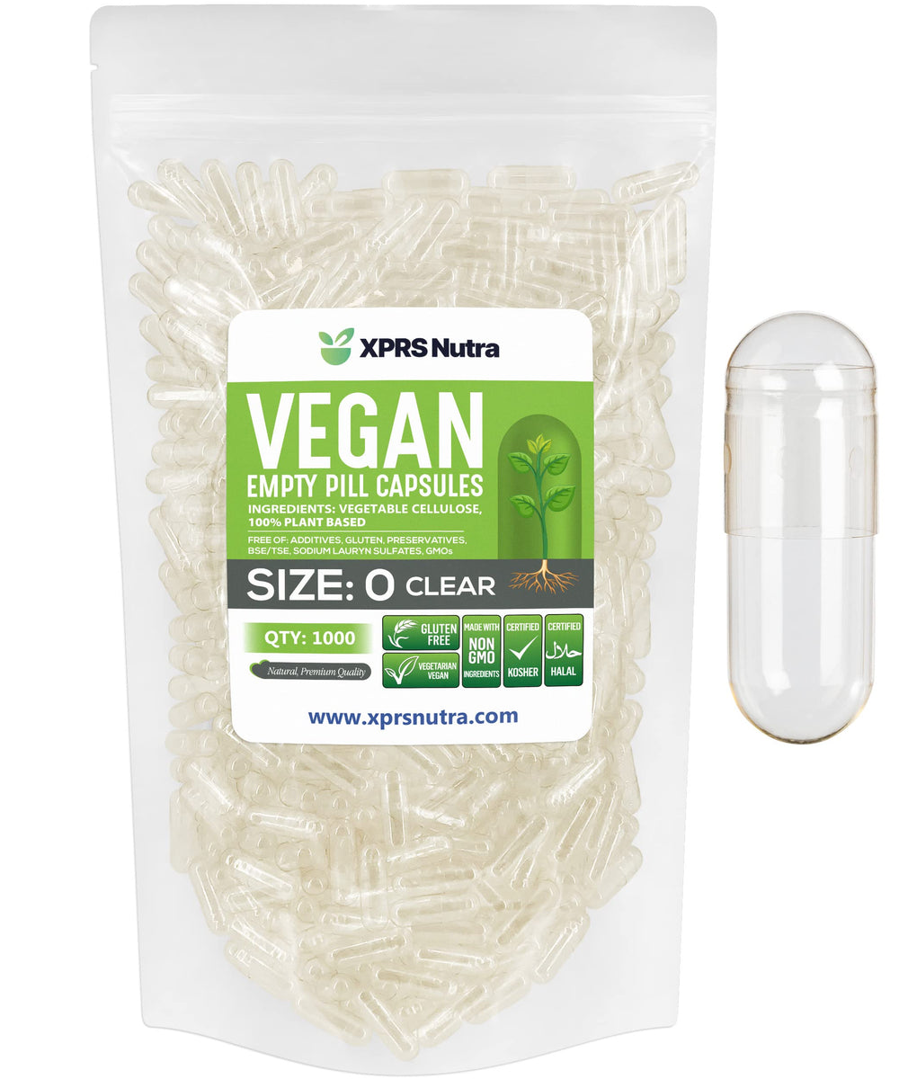 XPRS Nutra Size 0 empty capsules, clear shells for precise filling.