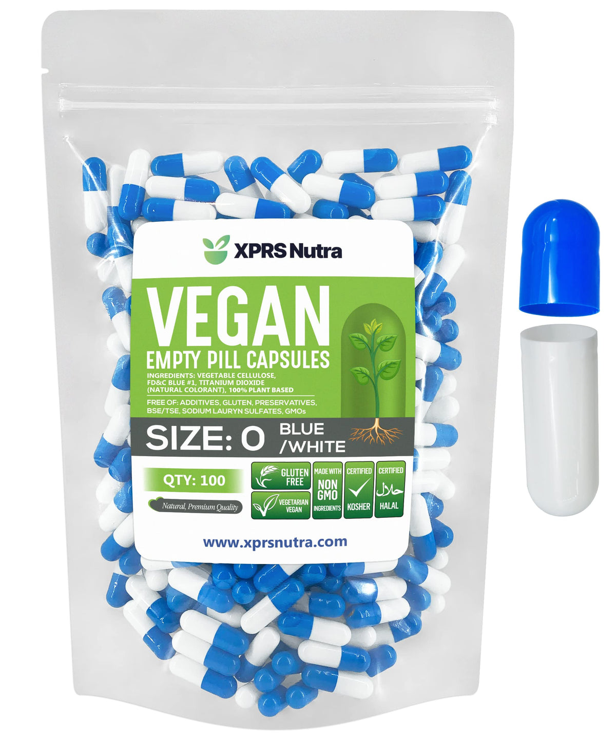 XPRS Nutra Size 0 empty capsules pack front, vegan shells ideal for precise DIY filling