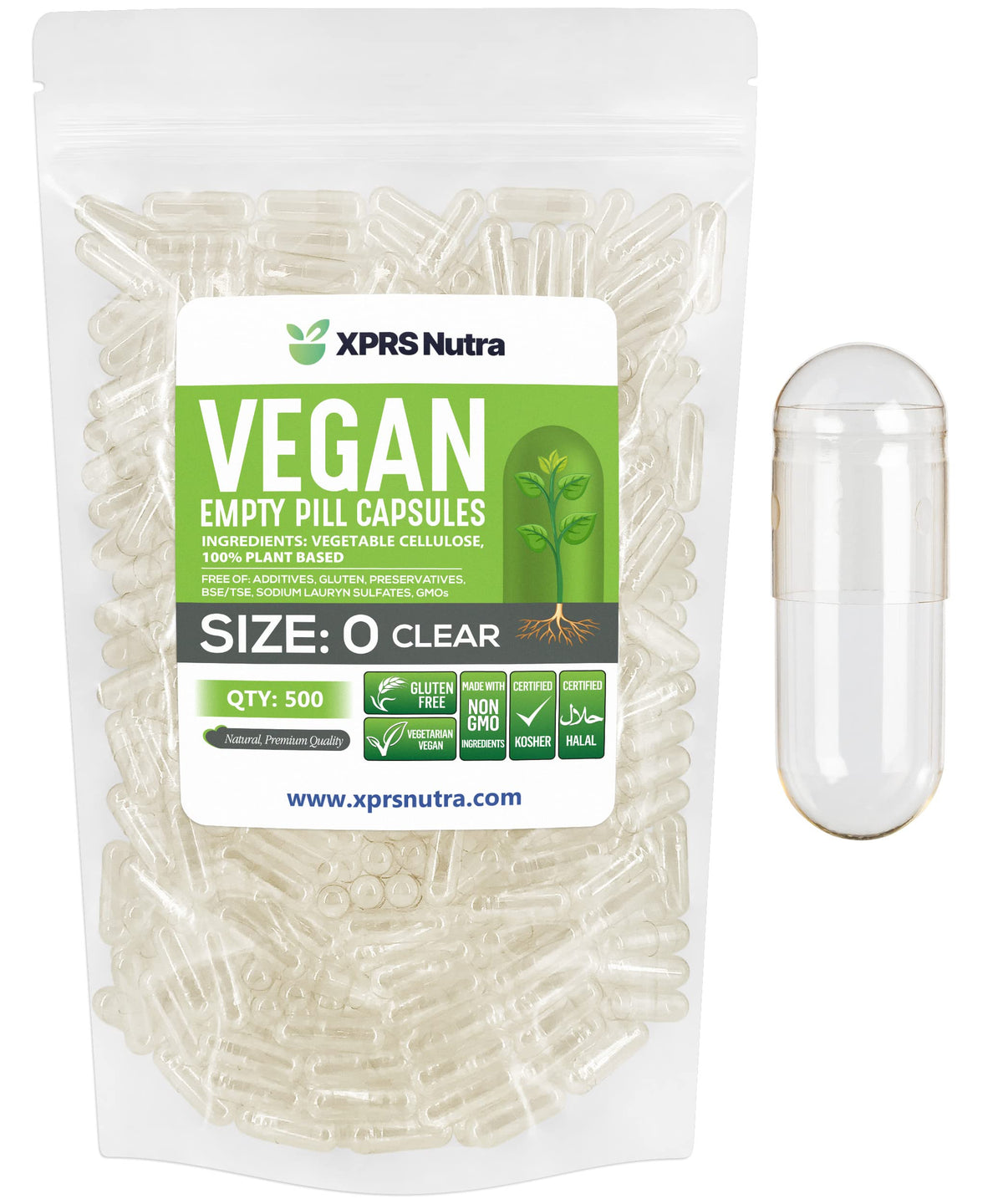 XPRS Nutra Size 0 empty capsules packaging layout for easy storage and filling