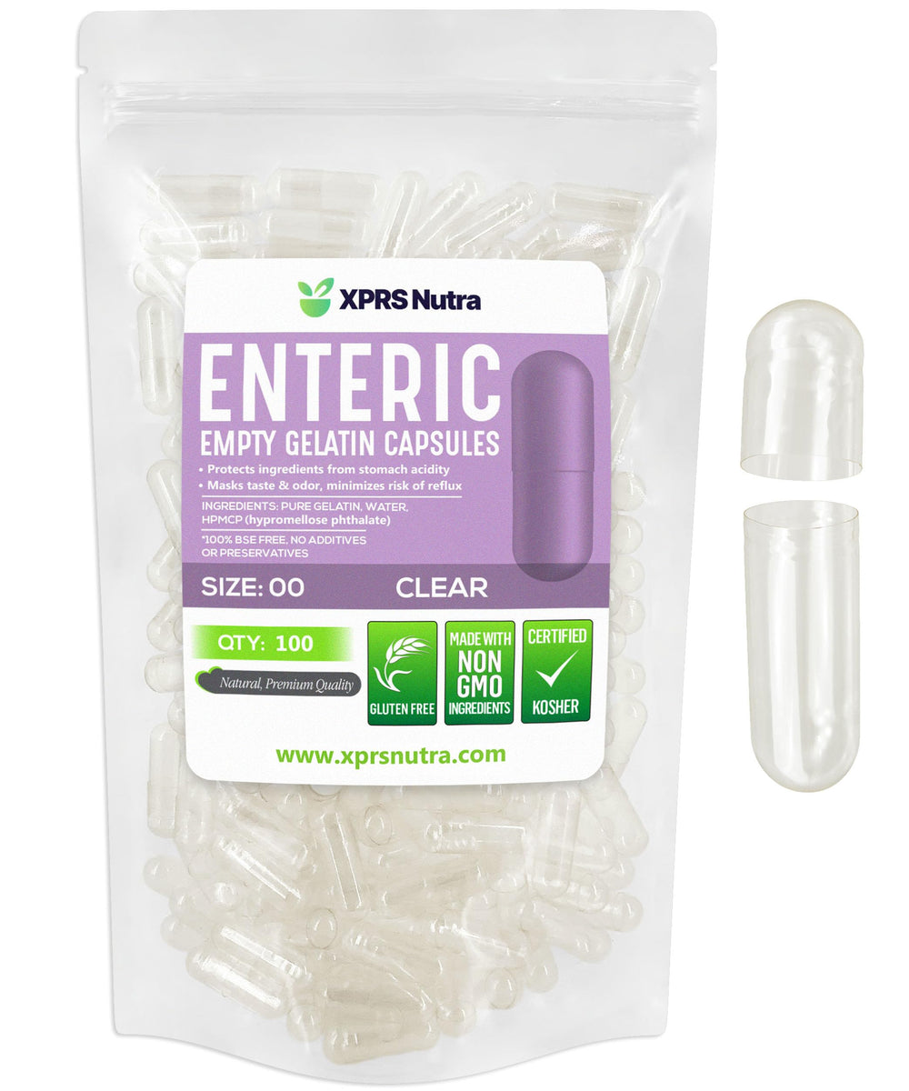 XPRS Nutra Size 00 empty capsules in a clear bottle, ideal for precise filling.