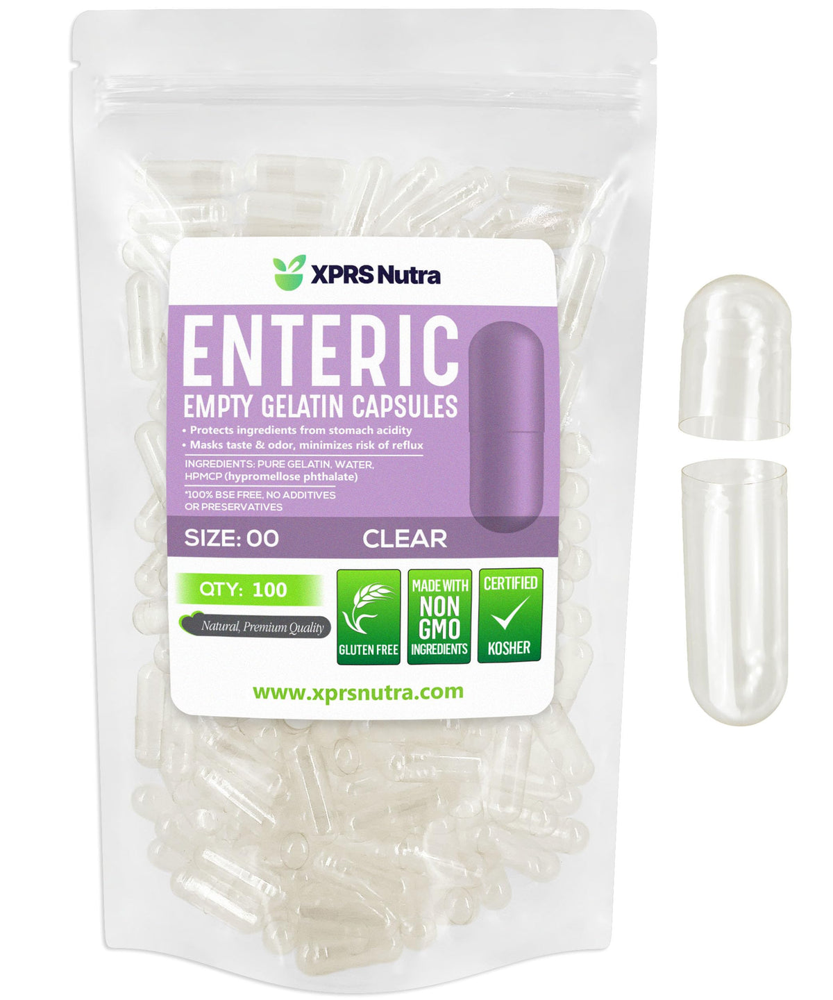 XPRS Nutra Size 00 empty capsules in a clear bottle, ideal for precise filling.
