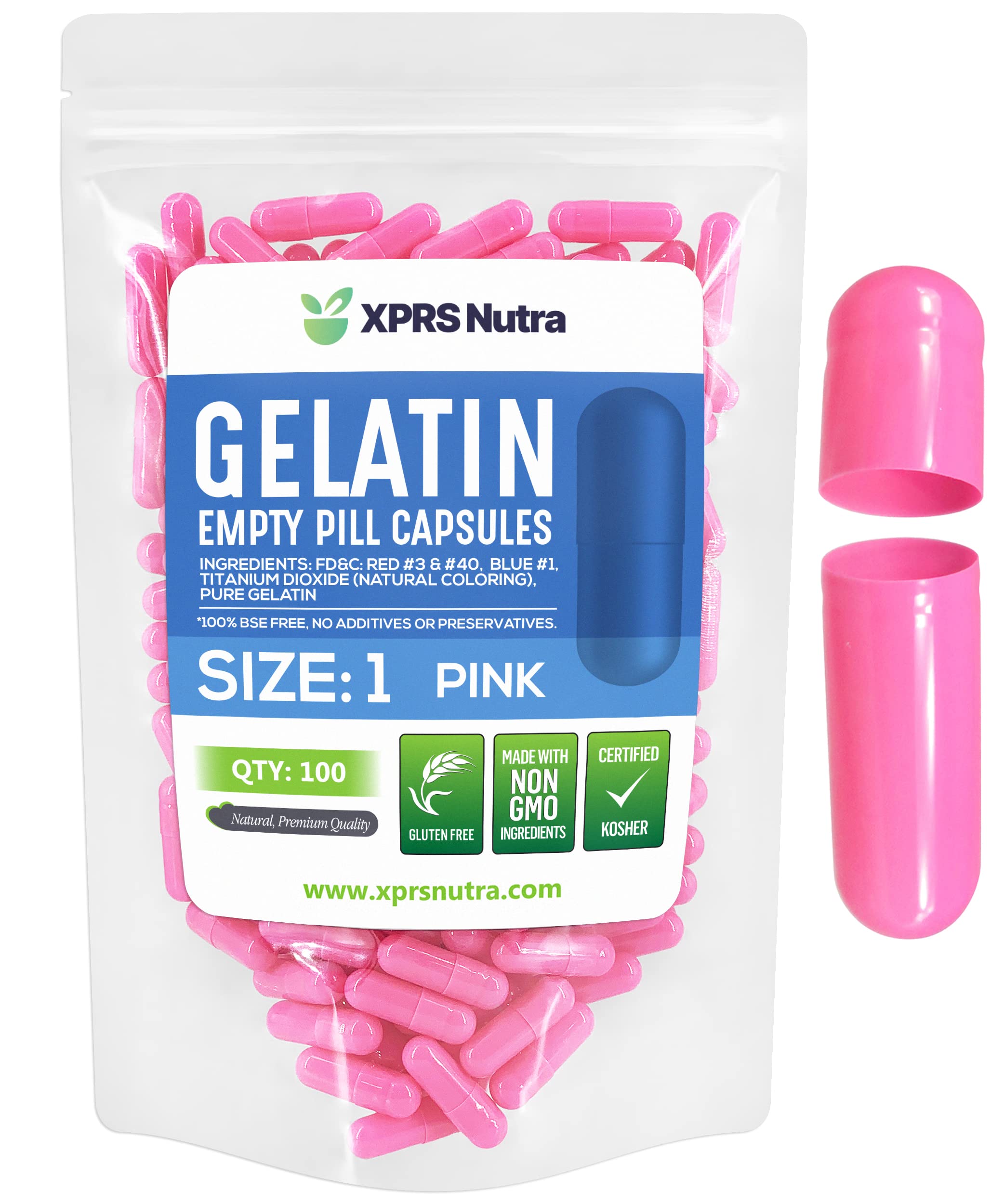 XPRS Nutra Size 1 pink empty capsules with clear shells for easy filling.