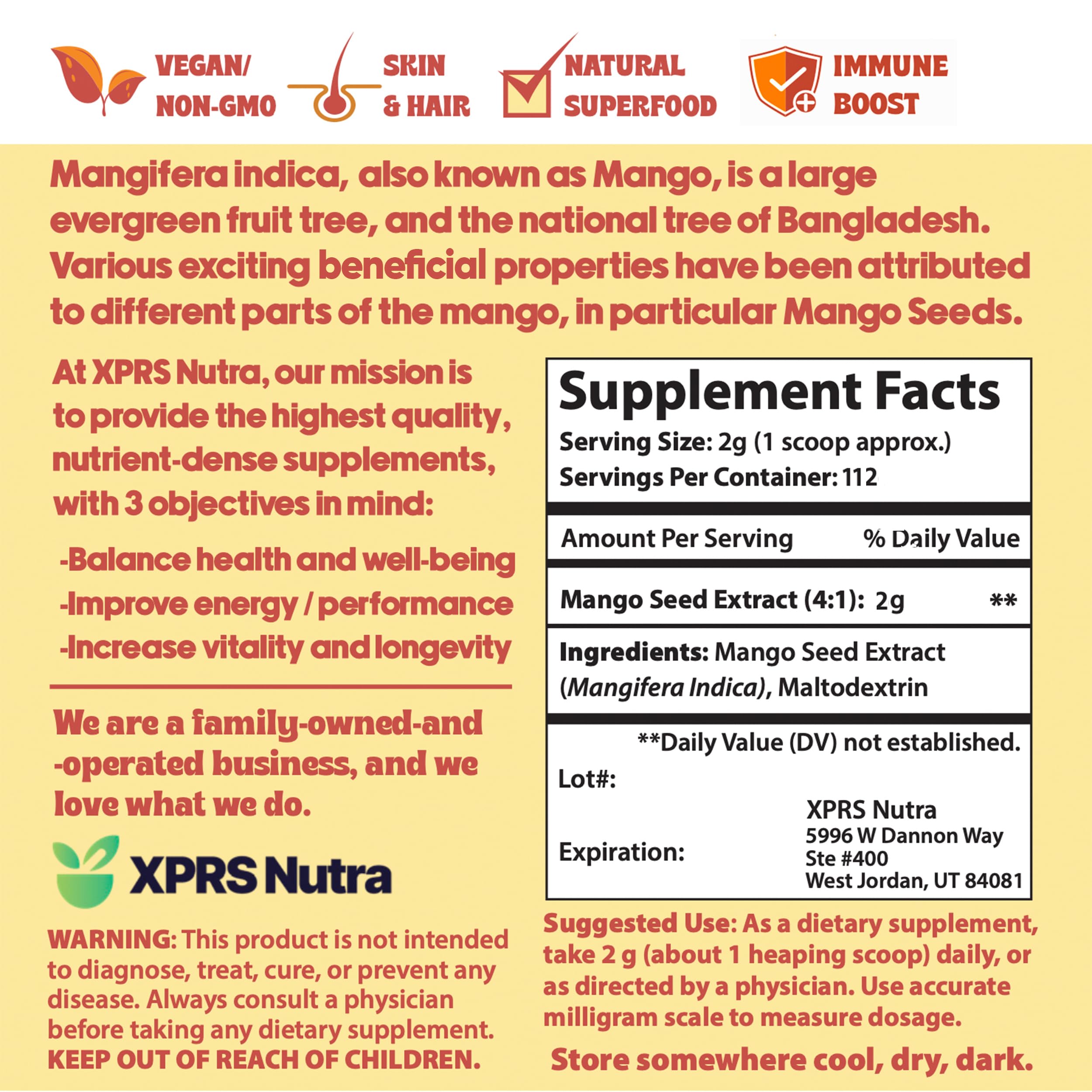 XPRS Nutra Vegan-Friendly Mango Seed Extract for supplements