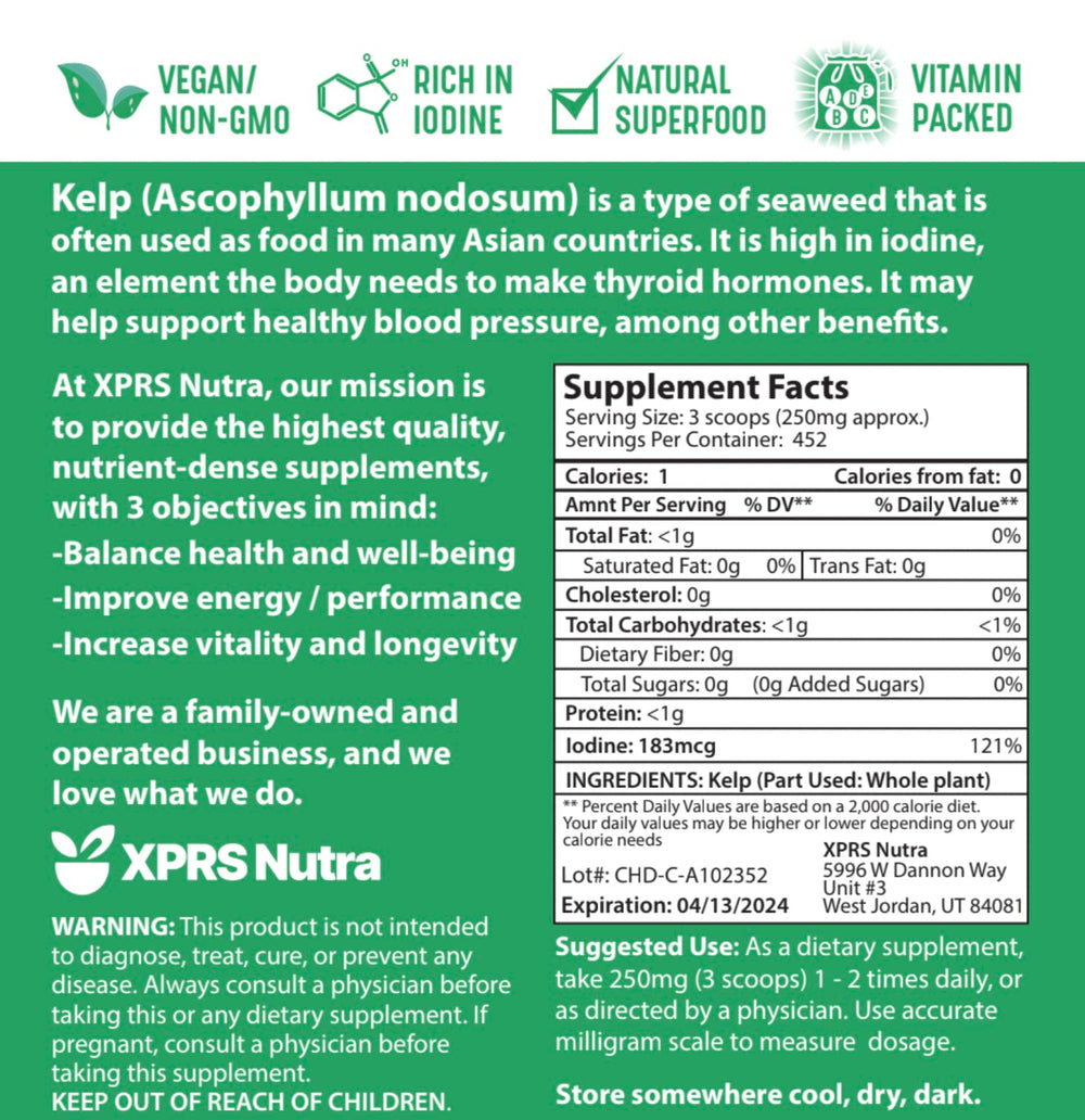 XPRS Nutra vegan seaweed powder packaging highlights ethical sourcing.