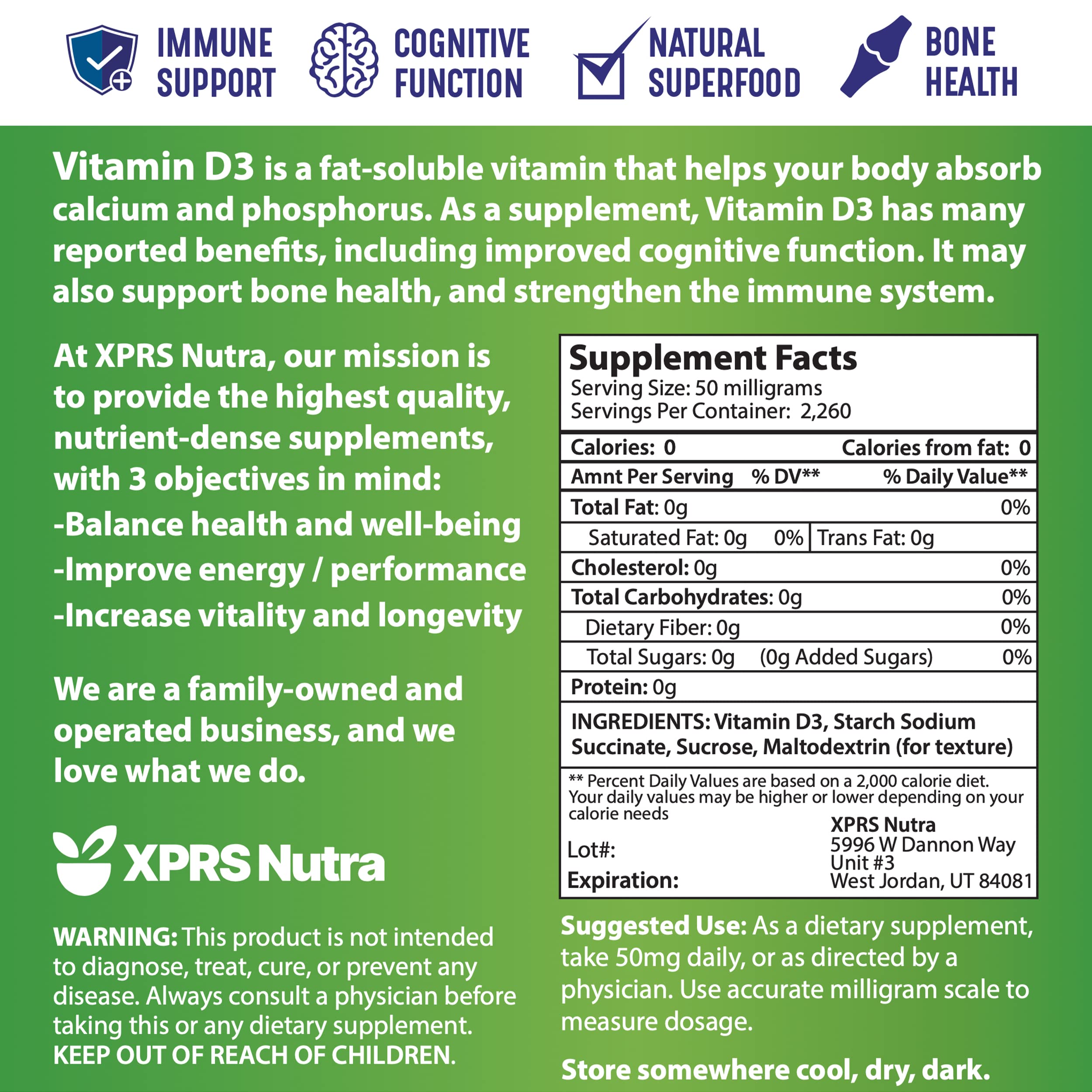 XPRS Nutra Vitamin D3 powder blends easily into drinks.
