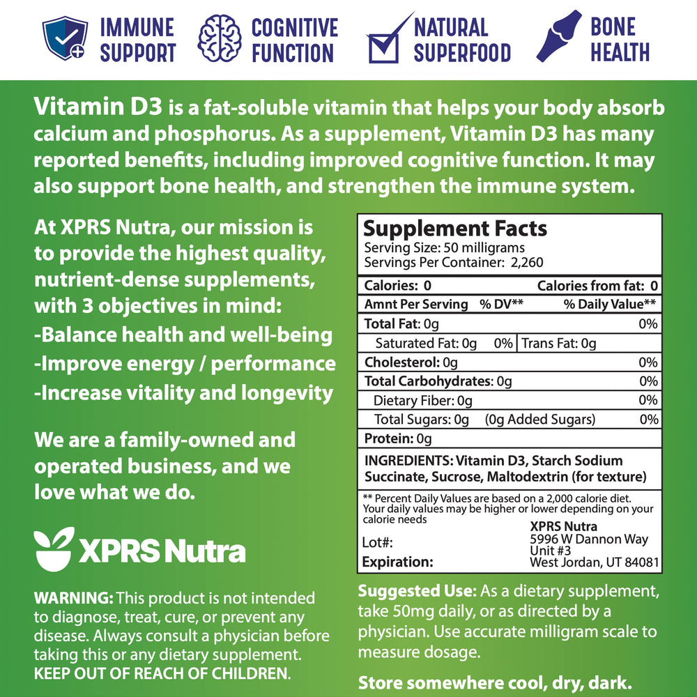 XPRS Nutra Vitamin D3 powder blends easily into drinks.
