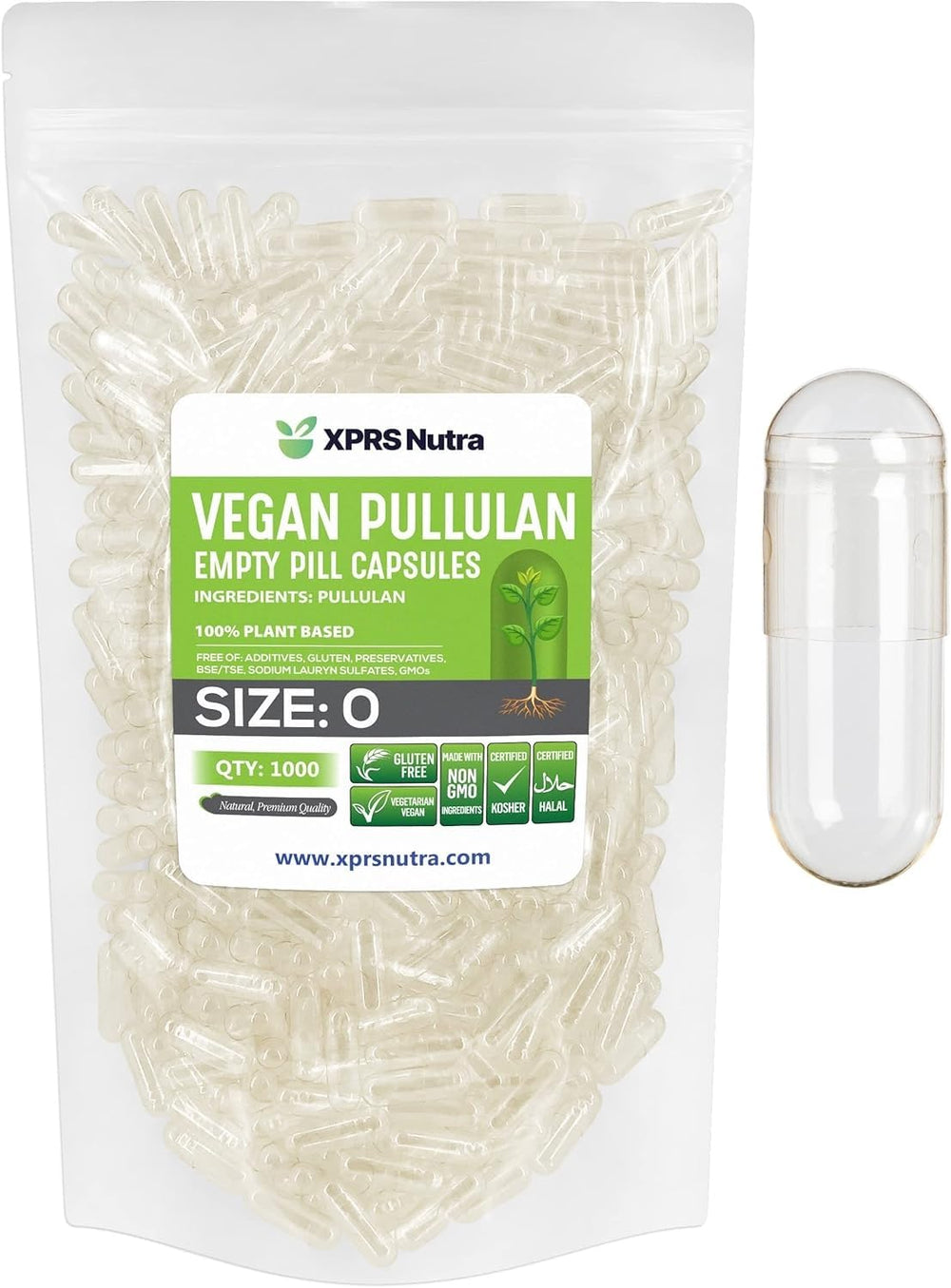 XPRS Nutra Size 0 pullulan capsules are clear for precise DIY filling.