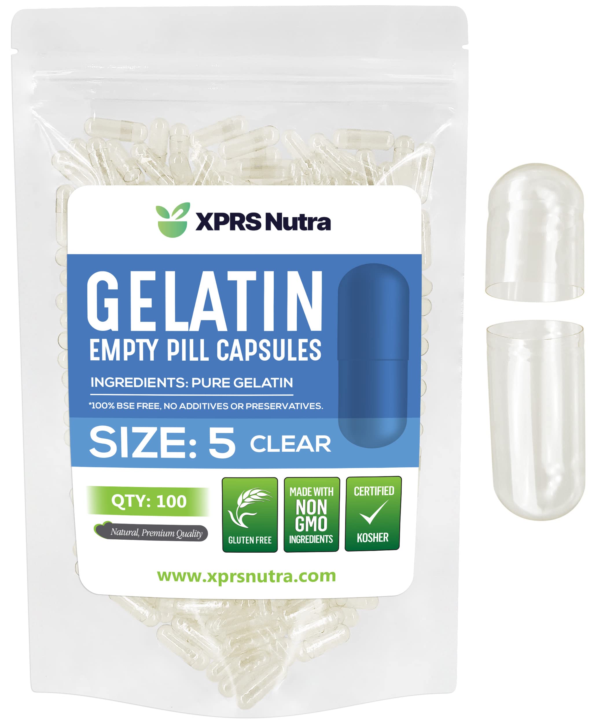 XPRS Nutra Size 5 empty capsules, clear shells for precise filling.