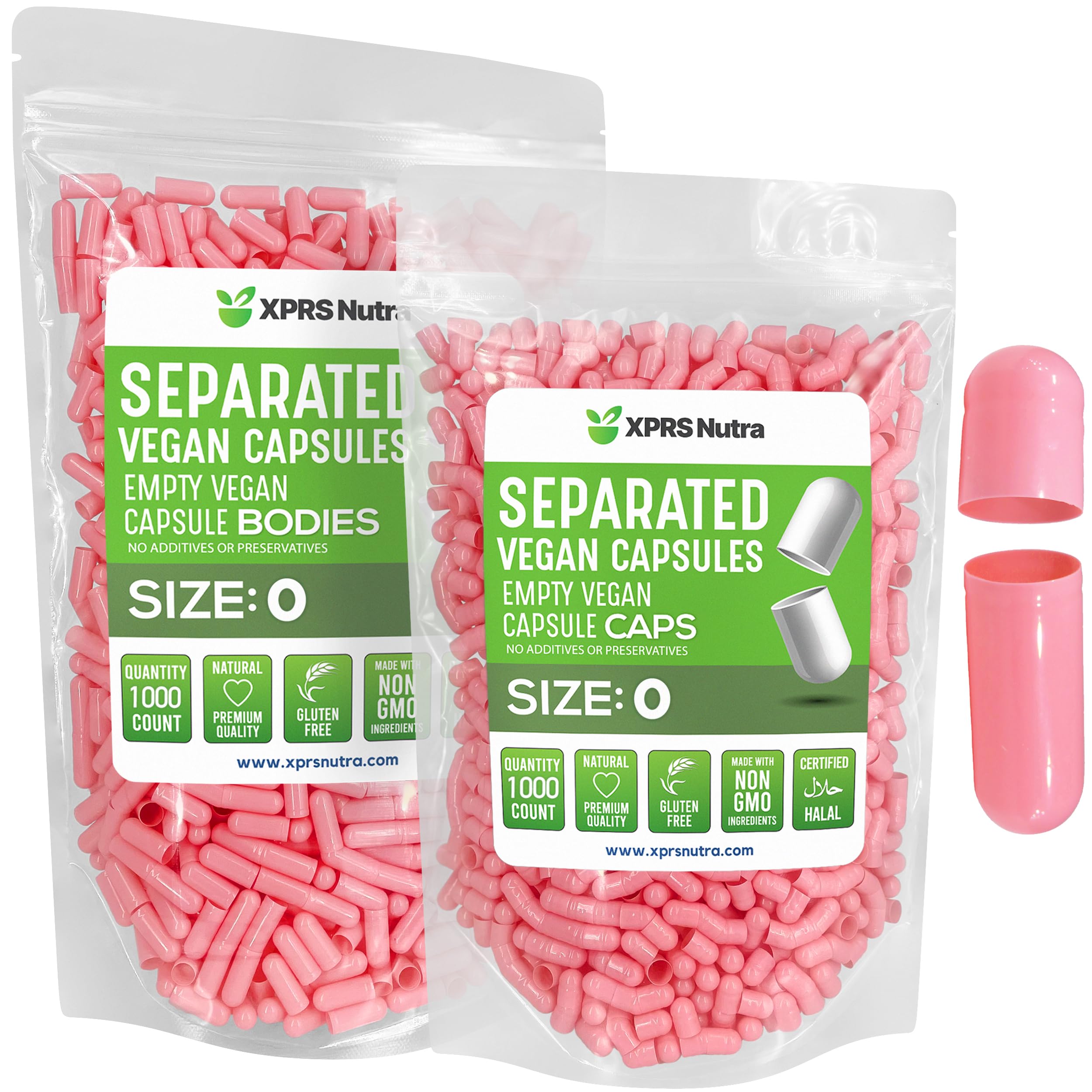XPRS Nutra vegan size 0 capsules with pink packaging, ideal for DIY supplement blending