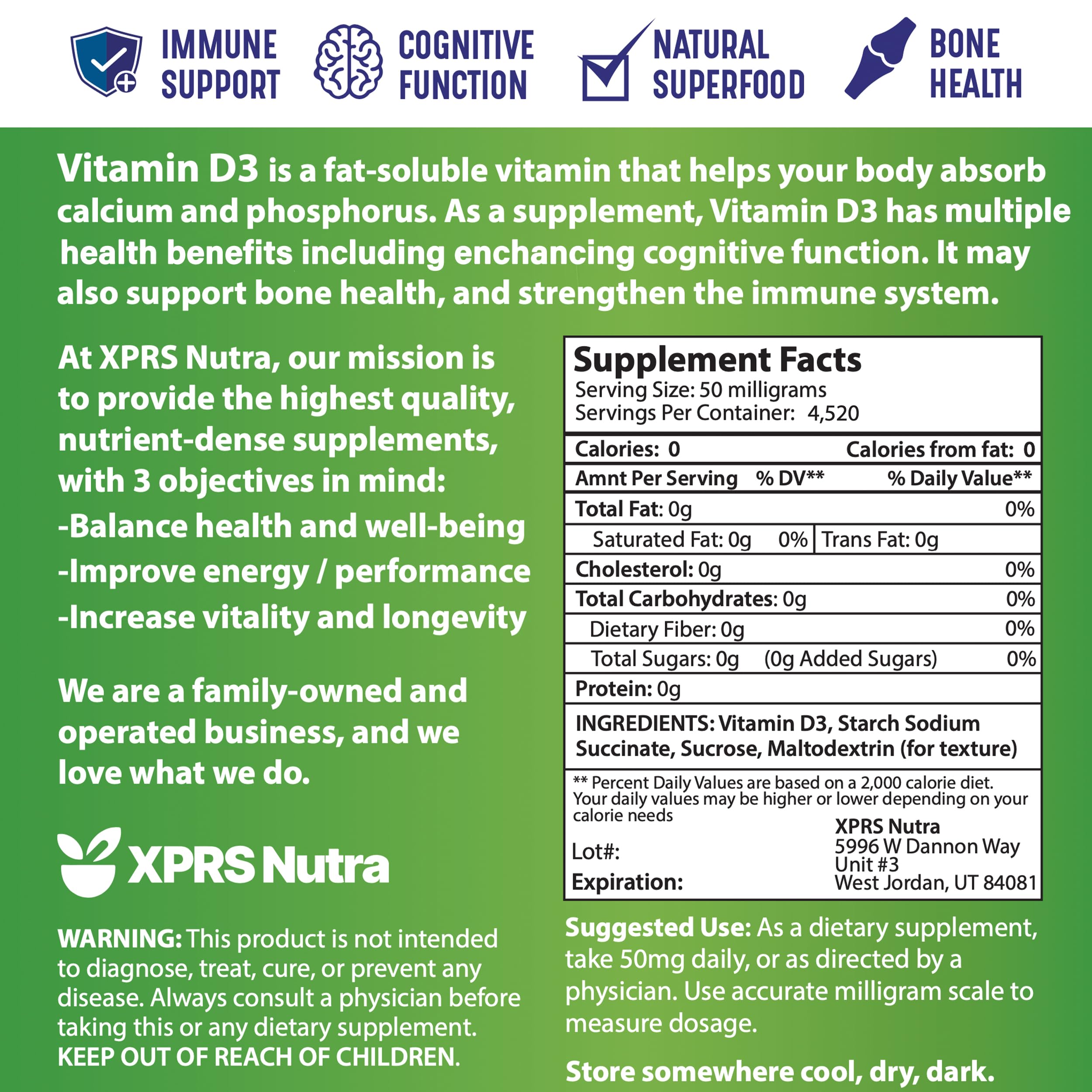 XPRS Nutra Vitamin D3 powder used in baking and drinks.