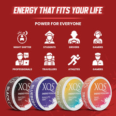 XQS Black Cherry energy pouch provides nicotine-free energy for daytime tasks.
