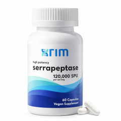 XRIM Serrapeptase bottle showcasing 120,000 SPU for targeted enzyme support.